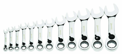12 Piece - 12 Pt Ratcheting Stubby Combination Wrench Set - High Polish Chrome Finish - Metric; 8mm - 19mm - Exact Tooling