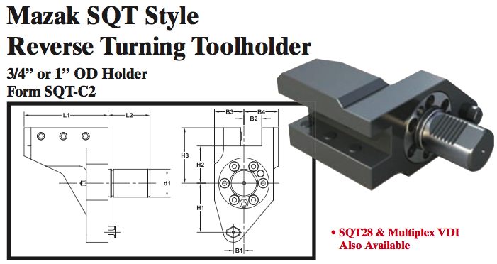 Mazak SQT Stye Reverse Turning Toolholder (3/4Ó or 1Ó OD Holder Form SQT-C2) - Part #: SQT32.1020 - Exact Tooling