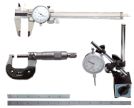 Kit Contains: 6" Dial Caliper; 0-1" Outside Micrometer; Mag Base With Fine Adjustment; 1" Travel Indicator; 6" 4R Scale And 12" 4R Scale - 6 Piece Machinist Set Up & Inspection Kit - Exact Tooling
