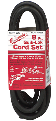 #48-76-4008 - Fits: Most Milwaukee 3-Wire Quik-Lok Cord Sets @ 8' - Replacement Cord - Exact Tooling