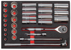 Proto® Foamed 1/2" Drive 30 Piece Socket Set w/ Precision 90 Pear Head Ratchet - Full Polish - 12 Point - Exact Tooling