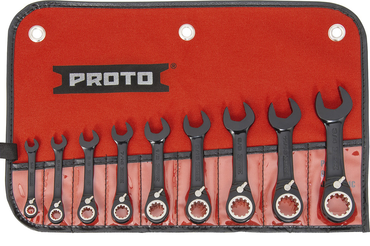 Proto® 9 Piece Black Chrome Combination Stubby Reversible Ratcheting Wrench Set - Spline - Exact Tooling