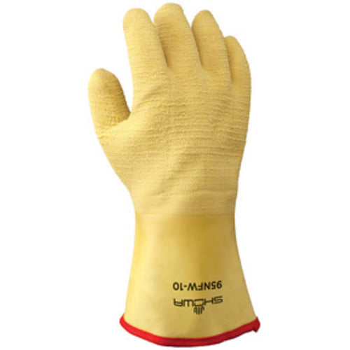 Insulated fully coated natural rubber 12″ gauntlet yellow wrinkle finish cotton jersey with triple layered foam insulation/large - Exact Tooling