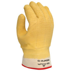 General purpose natural rubber palm-coated reinforced gauntlet cuff white w/yellow dip wrinkle-finish palm crotch patch/medium - Exact Tooling