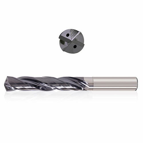 0.1299 mm Dia. × 6 mm Shank × 98 mm Flute Length × 135 mm OAL, 25xD, 135°, Varianta Supral, 2 Flute, Coolant Thru, h6, Cylindrical, Solid Carbide Drill - Exact Tooling
