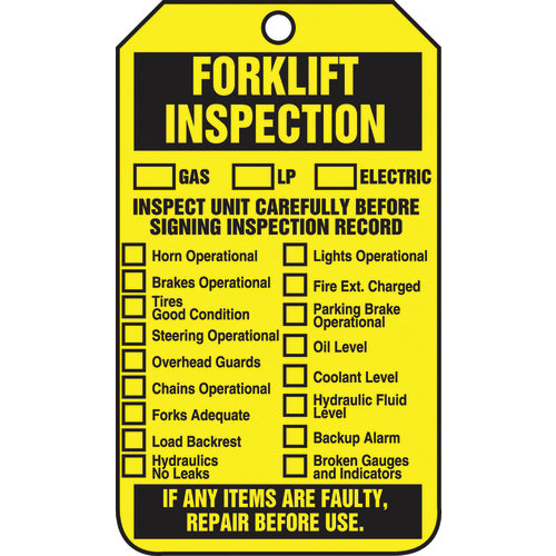 Forklift Tag, Forklift Inspection (Checklist)/Forklift Inspect, 25/Pk, Cardstock - Exact Tooling