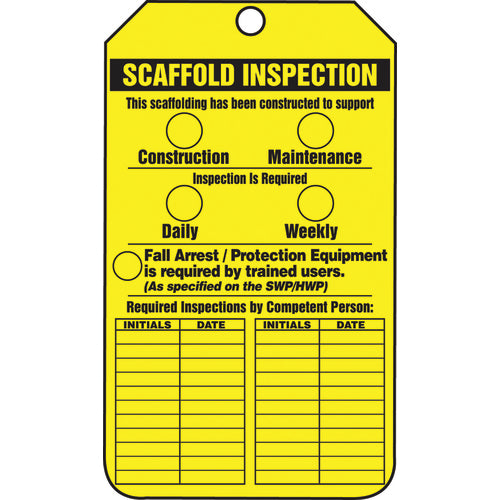 Scaffold Tag, Scaffold Inspection (Checklist)/Key Responsibility, 25/Pk, Cardstock - Exact Tooling