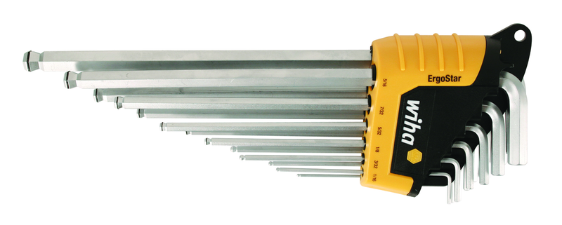 13 Piece - .050 - 3/8" - Hard Chrome Finish - Ball End Hex L-Key MagicRing® Screw Holding Long Arm Inch Set in Holder - Exact Tooling