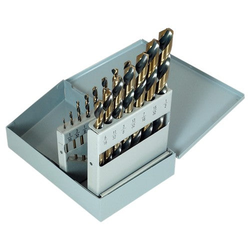 ‎1/16-1/2 RHS / RHC HSS 135 Degree Split Point Heavy Duty Jobber Length Drill Set - Black & Gold - Exact Tooling