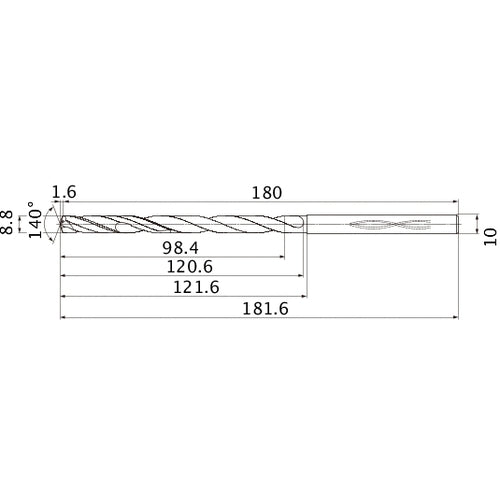 MHS0880L120B VP15TF 8.8 mm Dia. × 10 mm Shank × 120.6 mm Flute Length × 181.6 mm OAL, 140°, 2 Flute, Coolant Thru, Solid Carbide Drill