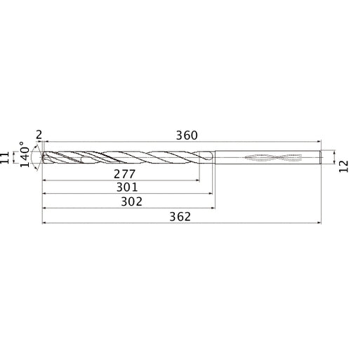 MHS1100L300B VP15TF 11 mm Dia. × 12 mm Shank × 301 mm Flute Length × 362 mm OAL, 140°, 2 Flute, Coolant Thru, Solid Carbide Drill