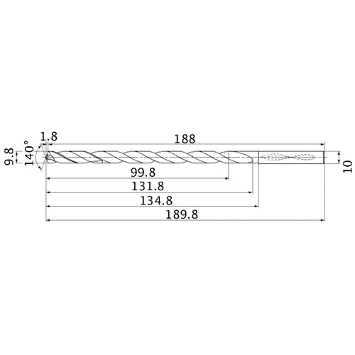 MNS0980X10DB TF15 9.8 mm Dia. × 10 mm Shank × 131.8 mm Flute Length × 189.8 mm OAL, 140°, 2 Flute, Coolant Thru, Solid Carbide Drill