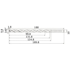 MNS0980X10DB TF15 9.8 mm Dia. × 10 mm Shank × 131.8 mm Flute Length × 189.8 mm OAL, 140°, 2 Flute, Coolant Thru, Solid Carbide Drill
