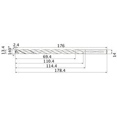 MNS1340LB TF15 13.4 mm Dia. × 14 mm Shank × 110.4 mm Flute Length × 178.4 mm OAL, 140°, 2 Flute, Coolant Thru, Solid Carbide Drill