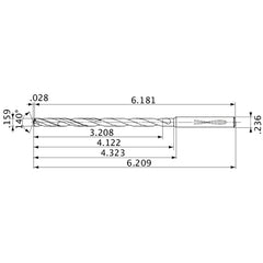 MVS0404X20S060 DP1020 0.159″ Dia. × 0.236″ Shank × 4.122″ Flute Length × 6.209″ OAL, 140°, 2 Flute, Coolant Thru, Solid Carbide Drill