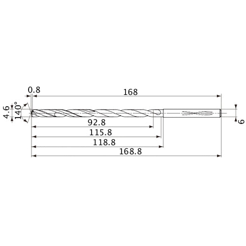 MVS0460X20S060 DP1020 4.6 mm Dia. × 6 mm Shank × 115.8 mm Flute Length × 168.8 mm OAL, 140°, 2 Flute, Coolant Thru, Solid Carbide Drill