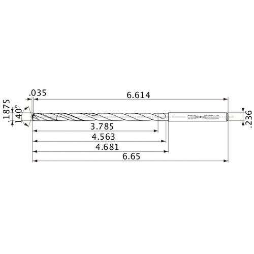 MVS0476X20S060 DP1020 3/16″ Dia. × 0.236″ Shank × 4.563″ Flute Length × 6.65″ OAL, 140°, 2 Flute, Coolant Thru, Solid Carbide Drill