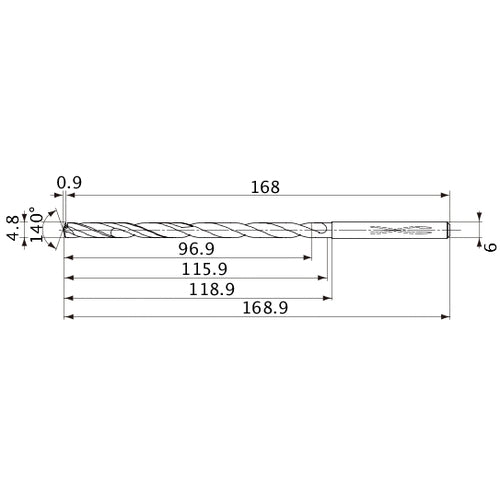 MVS0480X20S060 DP1020 4.8 mm Dia. × 6 mm Shank × 115.9 mm Flute Length × 168.9 mm OAL, 140°, 2 Flute, Coolant Thru, Solid Carbide Drill