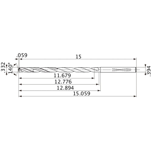 MVS0843X35S100 DP1020 0.332″ Dia. × 0.394″ Shank × 12.776″ Flute Length × 15.059″ OAL, 140°, 2 Flute, Coolant Thru, Solid Carbide Drill