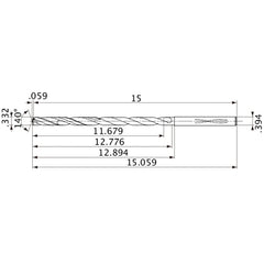 MVS0843X35S100 DP1020 0.332″ Dia. × 0.394″ Shank × 12.776″ Flute Length × 15.059″ OAL, 140°, 2 Flute, Coolant Thru, Solid Carbide Drill