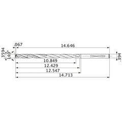 MVS0913X30S100 DP1020 0.3594″ Dia. × 0.394″ Shank × 12.429″ Flute Length × 14.713″ OAL, 140°, 2 Flute, Coolant Thru, Solid Carbide Drill