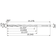 MVS0953X30S100 DP1020 3/8″ Dia. × 0.394″ Shank × 13.059″ Flute Length × 15.343″ OAL, 140°, 2 Flute, Coolant Thru, Solid Carbide Drill