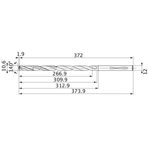 MVS1060X25S120 DP1020 10.6 mm Dia. × 12 mm Shank × 309.9 mm Flute Length × 373.9 mm OAL, 140°, 2 Flute, Coolant Thru, Solid Carbide Drill