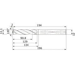 MVS1110X08S120 DP1020 11.1 mm Dia. × 12 mm Shank × 129 mm Flute Length × 196 mm OAL, 140°, 2 Flute, Coolant Thru, Solid Carbide Drill