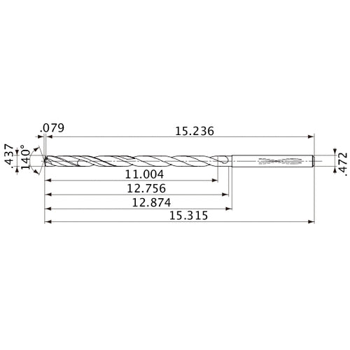 MVS1111X25S120 DP1020 0.437″ Dia. × 0.472″ Shank × 12.756″ Flute Length × 15.315″ OAL, 140°, 2 Flute, Coolant Thru, Solid Carbide Drill
