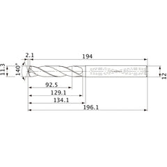 MVS1130X08S120 DP1020 11.3 mm Dia. × 12 mm Shank × 129.1 mm Flute Length × 196.1 mm OAL, 140°, 2 Flute, Coolant Thru, Solid Carbide Drill