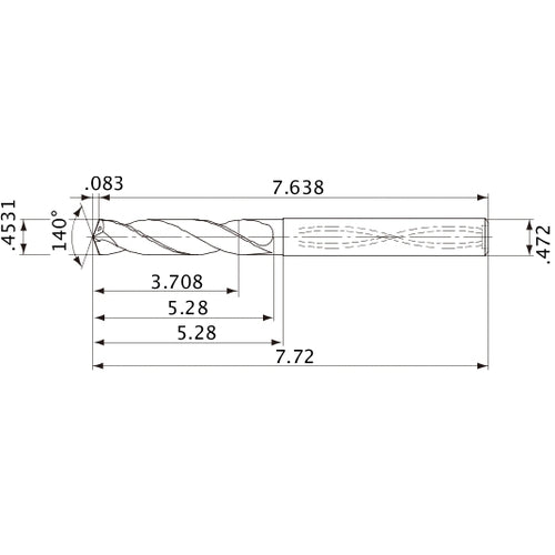 MVS1151X08S120 DP1020 0.4531″ Dia. × 0.472″ Shank × 5.28″ Flute Length × 7.72″ OAL, 140°, 2 Flute, Coolant Thru, Solid Carbide Drill