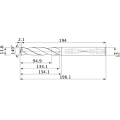 MVS1160X08S120 DP1020 11.6 mm Dia. × 12 mm Shank × 134.1 mm Flute Length × 196.1 mm OAL, 140°, 2 Flute, Coolant Thru, Solid Carbide Drill