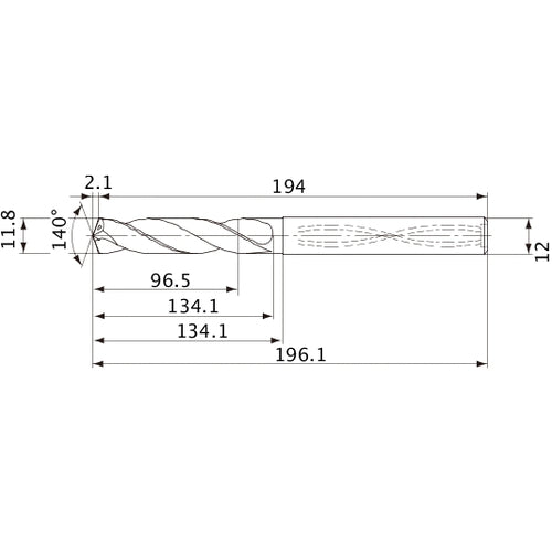 MVS1180X08S120 DP1020 11.8 mm Dia. × 12 mm Shank × 134.1 mm Flute Length × 196.1 mm OAL, 140°, 2 Flute, Coolant Thru, Solid Carbide Drill
