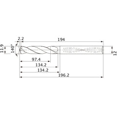 MVS1190X08S120 DP1020 11.9 mm Dia. × 12 mm Shank × 134.2 mm Flute Length × 196.2 mm OAL, 140°, 2 Flute, Coolant Thru, Solid Carbide Drill