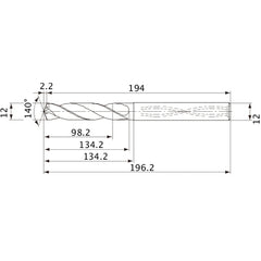 MVS1200X08S120 DP1020 12 mm Dia. × 12 mm Shank × 134.2 mm Flute Length × 196.2 mm OAL, 140°, 2 Flute, Coolant Thru, Solid Carbide Drill