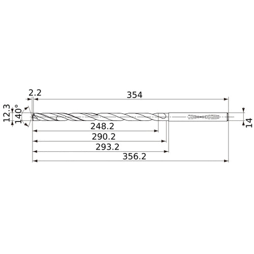 MVS1230X20S140 DP1020 12.3 mm Dia. × 14 mm Shank × 290.2 mm Flute Length × 356.2 mm OAL, 140°, 2 Flute, Coolant Thru, Solid Carbide Drill