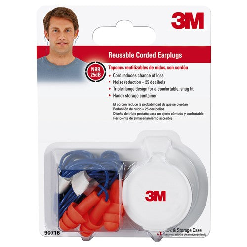 3M Corded Reusable Earplugs 90716H3-DC 3 pairs with case per pack 10 packs/case - Exact Tooling