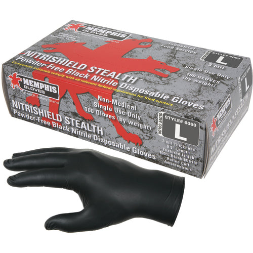 NitriSheild Stealth Gloves - 3 mil Black Nitrile - Industrial/Food Grade - Powder Free - Box of 100 - Size X-Large - Exact Tooling