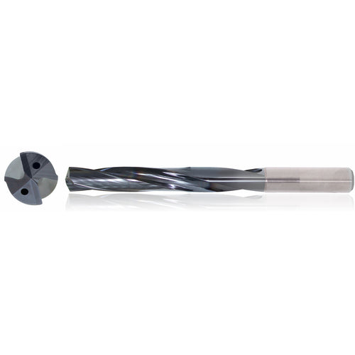 3/8″ Dia. × 10 mm Shank × 61 mm Flute Length × 103 mm OAL, 5xD, TiAlN, 2 Flute, Coolant Thru, h6, Cylindrical, Solid Carbide Drill Series/List #5614 - Exact Tooling