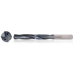 3/8″ Dia. × 10 mm Shank × 61 mm Flute Length × 103 mm OAL, 5xD, TiAlN, 2 Flute, Coolant Thru, h6, Cylindrical, Solid Carbide Drill Series/List #5614 - Exact Tooling