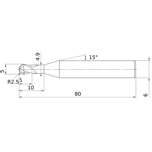 5 mm Dia. × 6 mm Shank × 5 mm DOC × 80 mm OAL, Carbide Impact Miracle, 2 Flute, 30° Helix, Ballnose End Mill VF2SDBR0250