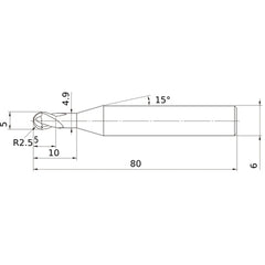 5 mm Dia. × 6 mm Shank × 5 mm DOC × 80 mm OAL, Carbide Impact Miracle, 2 Flute, 30° Helix, Ballnose End Mill VF2SDBR0250