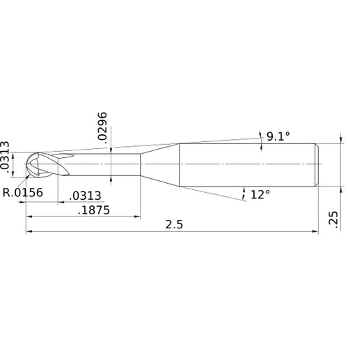 ‎1/32″ Dia. × 1/4″ Shank × 1/32″ DOC × 2-1/2″ OAL, Carbide Impact Miracle, 2 Flute, 30° Helix, Ballnose End Mill VF2XLBD1/32N6D