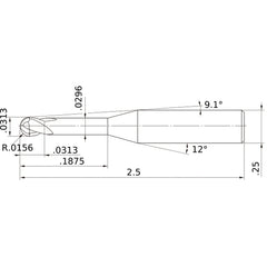 ‎1/32″ Dia. × 1/4″ Shank × 1/32″ DOC × 2-1/2″ OAL, Carbide Impact Miracle, 2 Flute, 30° Helix, Ballnose End Mill VF2XLBD1/32N6D