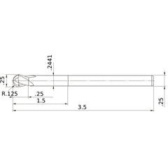‎1/4″ Dia. × 1/4″ Shank × 1/4″ DOC × 3-1/2″ OAL, Carbide Impact Miracle, 2 Flute, 30° Helix, Ballnose End Mill VF2XLBD1/4N6D