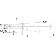 1/8″ Dia. × 1/4″ Shank × 1/8″ DOC × 3″ OAL, Carbide Impact Miracle, 2 Flute, 30° Helix, Ballnose End Mill VF2XLBD1/8N4D