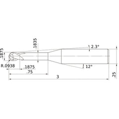 3/16″ Dia. × 1/4″ Shank × 3/16″ DOC × 3″ OAL, Carbide Impact Miracle, 2 Flute, 30° Helix, Ballnose End Mill VF2XLBD3/16N4D