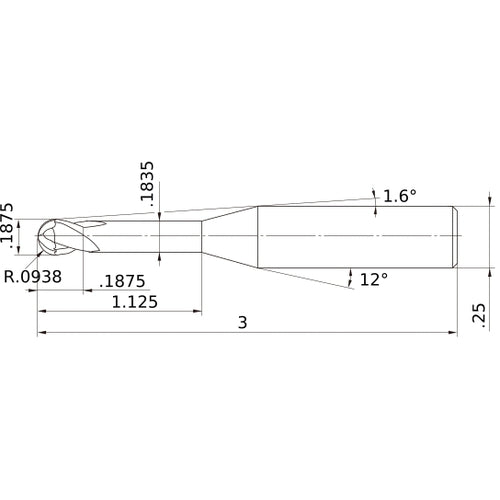 3/16″ Dia. × 1/4″ Shank × 3/16″ DOC × 3″ OAL, Carbide Impact Miracle, 2 Flute, 30° Helix, Ballnose End Mill VF2XLBD3/16N6D