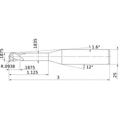 3/16″ Dia. × 1/4″ Shank × 3/16″ DOC × 3″ OAL, Carbide Impact Miracle, 2 Flute, 30° Helix, Ballnose End Mill VF2XLBD3/16N6D
