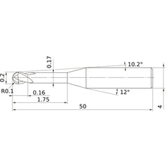 0.2 mm Dia. × 4 mm Shank × 0.16 mm DOC × 50 mm OAL, Carbide Impact Miracle, 2 Flute, 30° Helix, Ballnose End Mill VF2XLBR0010N018S04